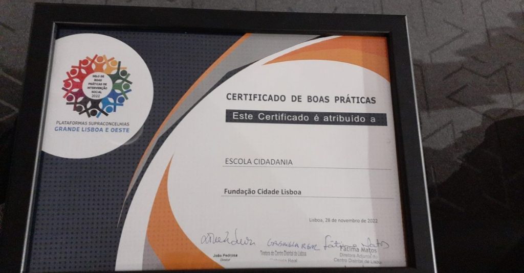 Diploma de Selo de Boas Práticas de Intervenção Social 2022 Escola para a Cidadania Fundação Cidade de Lisboa