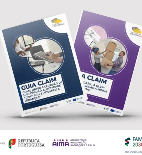 Na imagem consta dois Guias produzidos pelo CLAIM – Centro Local de Apoio à Integração de Migrantes da FCL e as logos da Fundação Cidade de Lisboa, República Portuguesa, AIMA, FAMI e União Europeia